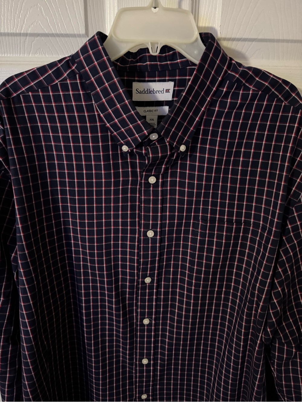 Saddlebred Dark Navy Plaid Button-Down Shirt with Red Grid
